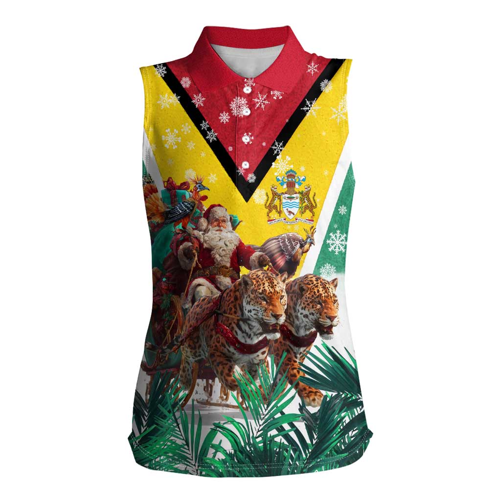 Guyana Flag Women Sleeveless Polo Shirt Christmas Santa Jaguar and National Motto Green Yellow - Wonder Print Shop
