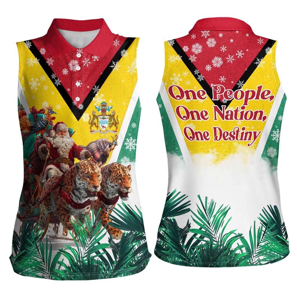 Guyana Flag Women Sleeveless Polo Shirt Christmas Santa Jaguar and National Motto Green Yellow - Wonder Print Shop