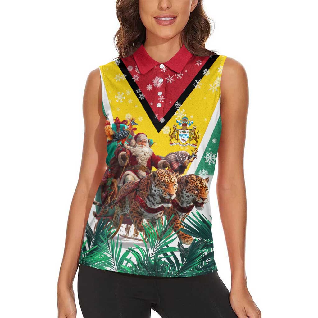 Guyana Flag Women Sleeveless Polo Shirt Christmas Santa Jaguar and National Motto Green Yellow - Wonder Print Shop