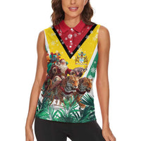 Guyana Flag Women Sleeveless Polo Shirt Christmas Santa Jaguar and National Motto Green Yellow - Wonder Print Shop