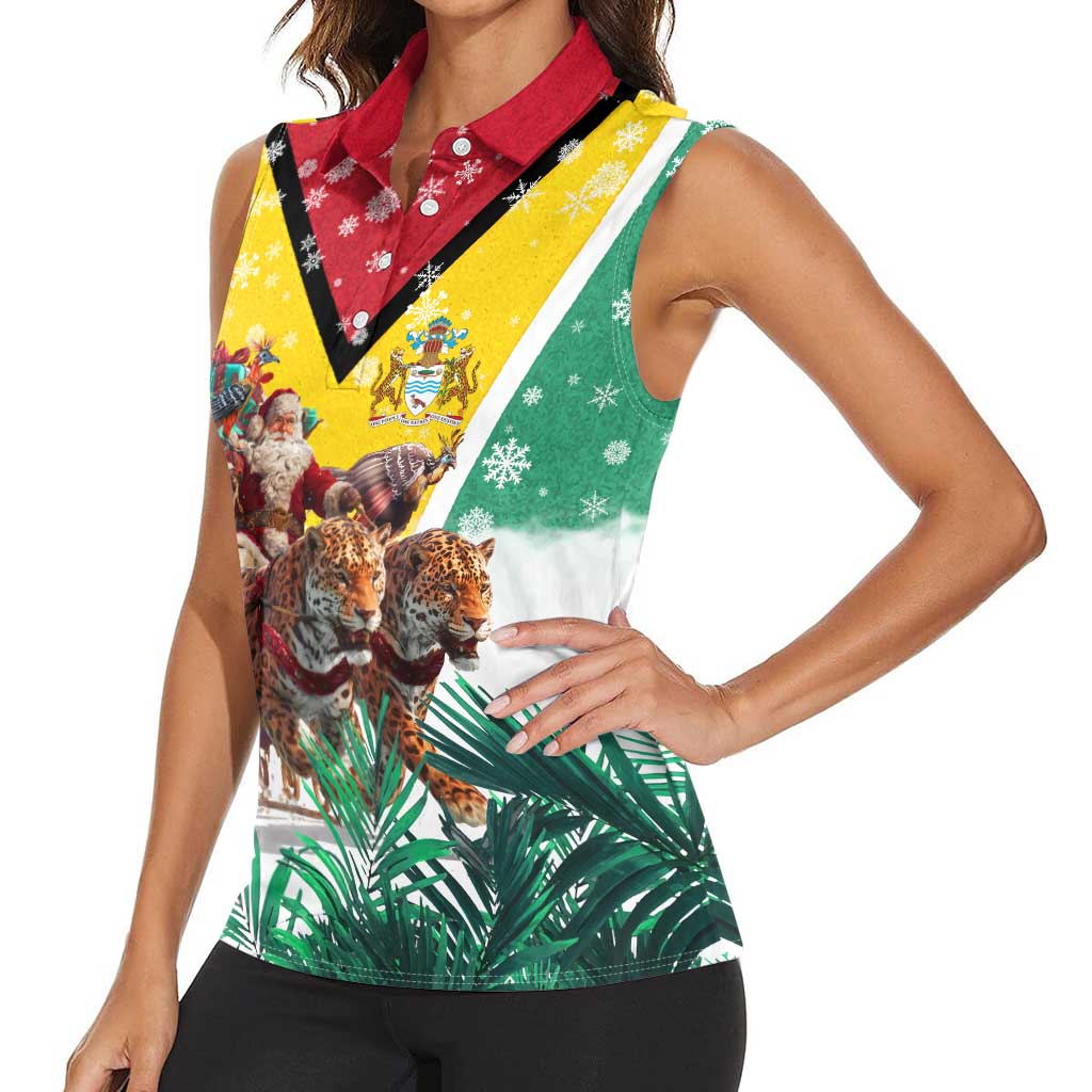 Guyana Flag Women Sleeveless Polo Shirt Christmas Santa Jaguar and National Motto Green Yellow - Wonder Print Shop