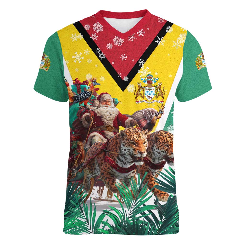 Guyana Flag Women V-Neck T-Shirt Christmas Santa Jaguar and National Motto Green Yellow - Wonder Print Shop