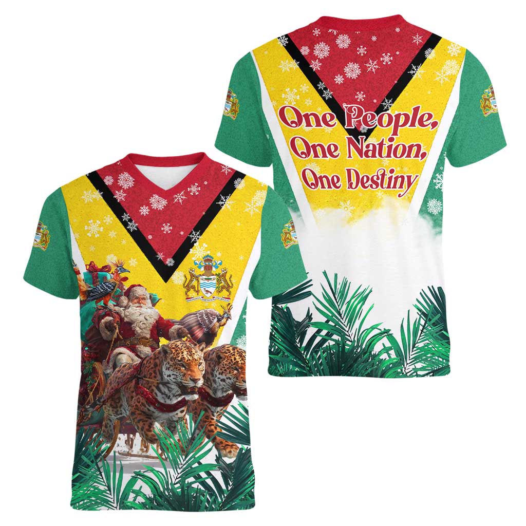 Guyana Flag Women V-Neck T-Shirt Christmas Santa Jaguar and National Motto Green Yellow - Wonder Print Shop
