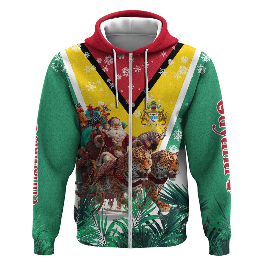 Guyana Flag Zip Hoodie Christmas Santa Jaguar and National Motto Green Yellow - Wonder Print Shop