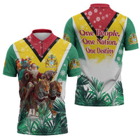 Guyana Flag Zipper Polo Shirt Christmas Santa Jaguar and National Motto Green Yellow - Wonder Print Shop