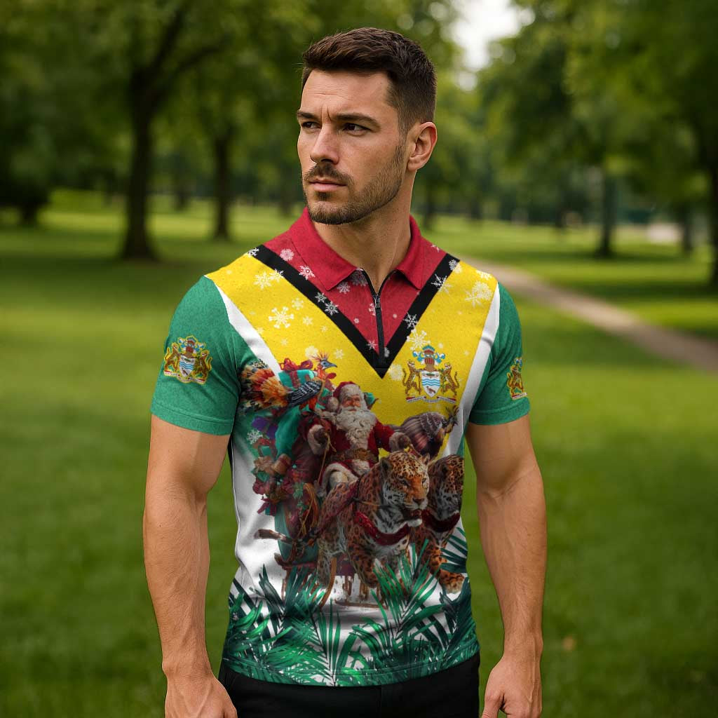 Guyana Flag Zipper Polo Shirt Christmas Santa Jaguar and National Motto Green Yellow - Wonder Print Shop