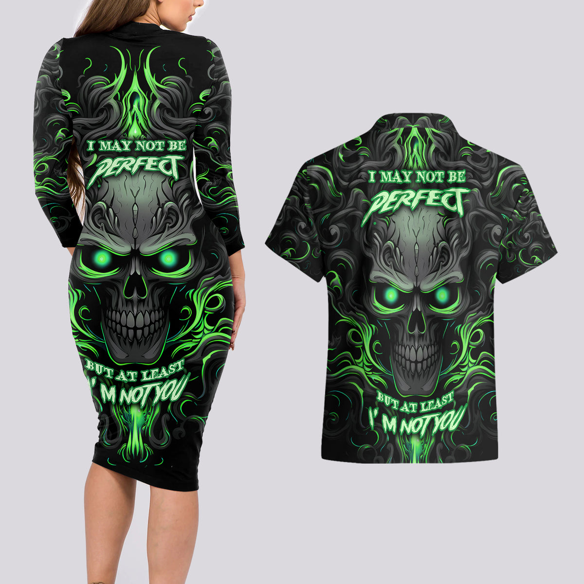 I May Not Be Perfect But At Least I'm Not You Skull Couples Matching Long Sleeve Bodycon Dress and Hawaiian Shirt - Wonder Print Shop