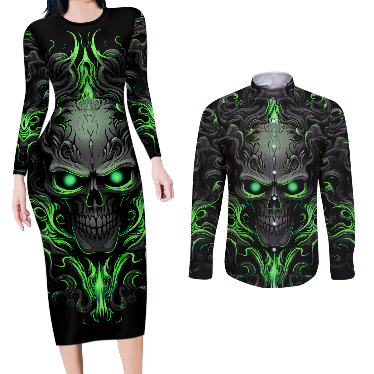 I May Not Be Perfect But At Least I'm Not You Skull Couples Matching Long Sleeve Bodycon Dress and Long Sleeve Button Shirts - Wonder Print Shop