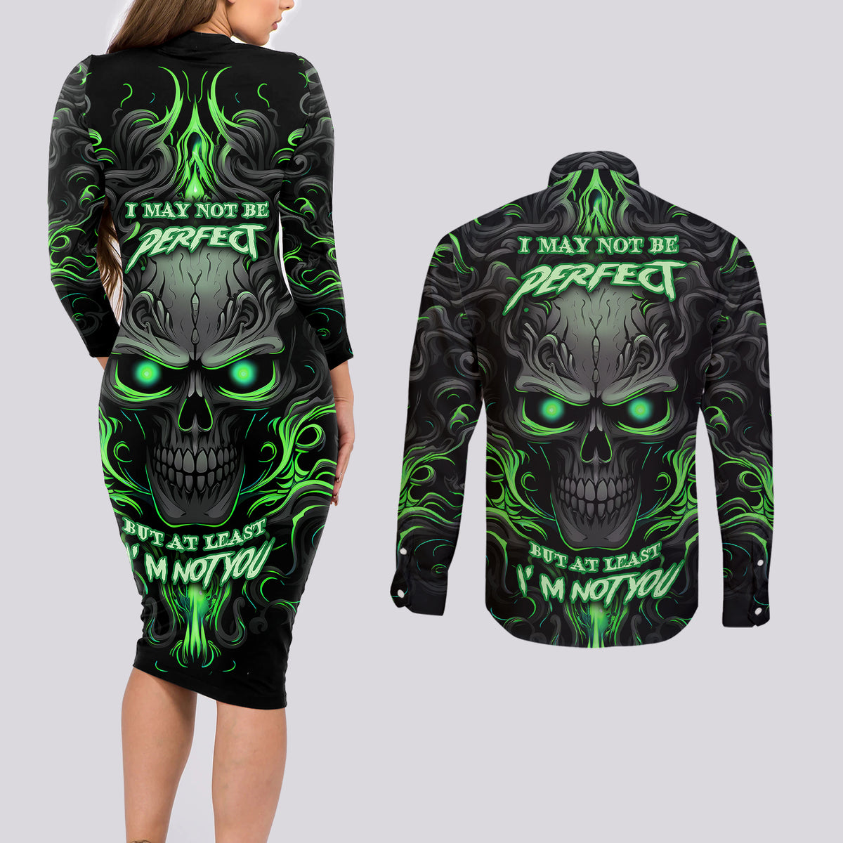 I May Not Be Perfect But At Least I'm Not You Skull Couples Matching Long Sleeve Bodycon Dress and Long Sleeve Button Shirts - Wonder Print Shop