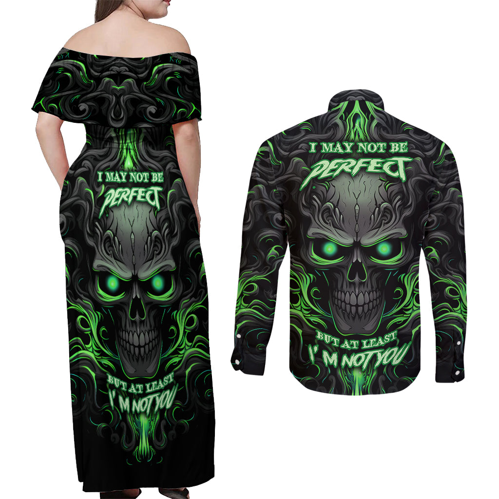 I May Not Be Perfect But At Least I'm Not You Skull Couples Matching Off Shoulder Maxi Dress and Long Sleeve Button Shirts - Wonder Print Shop