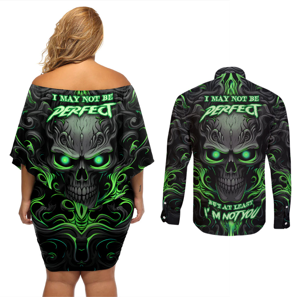 I May Not Be Perfect But At Least I'm Not You Skull Couples Matching Off Shoulder Short Dress and Long Sleeve Button Shirts - Wonder Print Shop