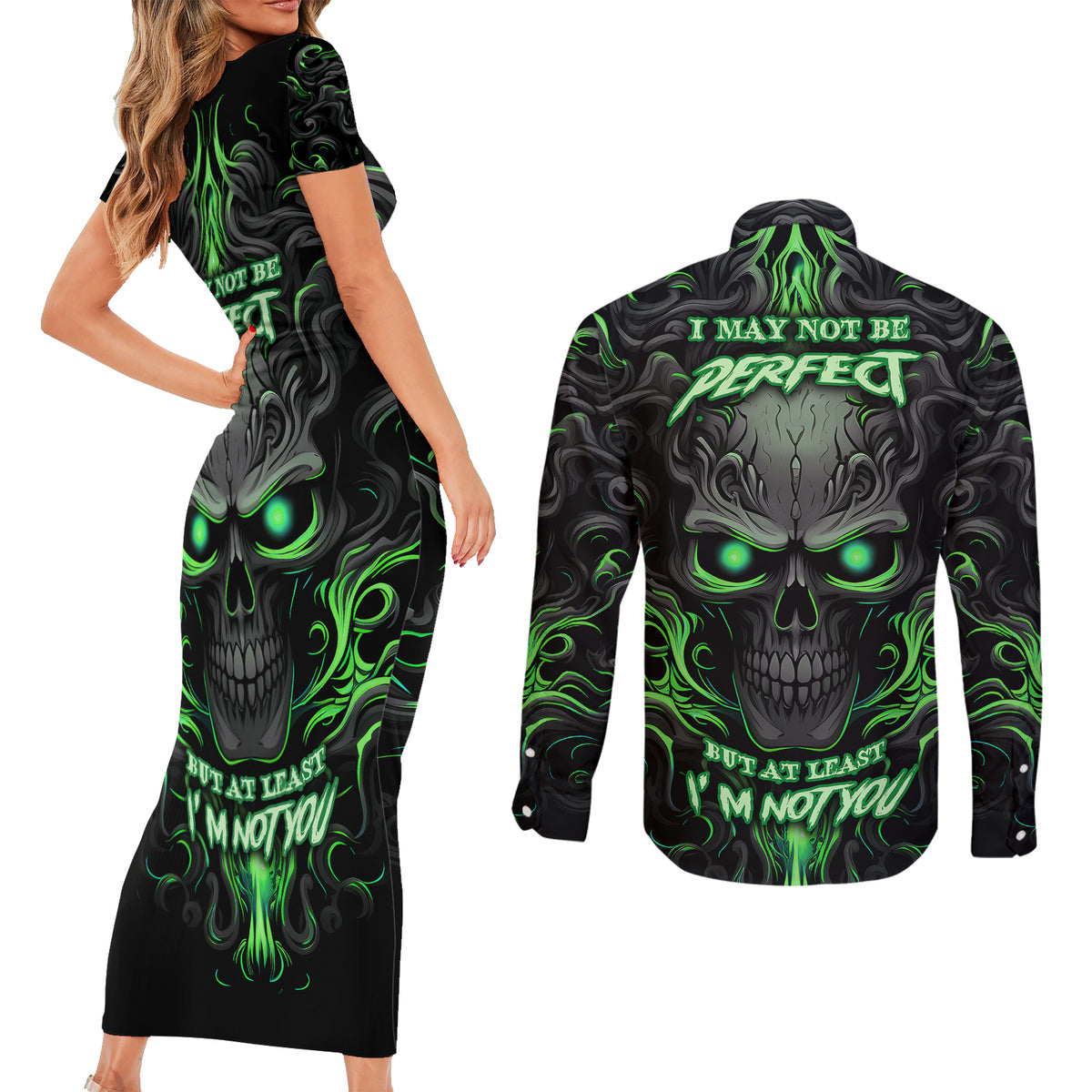 I May Not Be Perfect But At Least I'm Not You Skull Couples Matching Short Sleeve Bodycon Dress and Long Sleeve Button Shirts - Wonder Print Shop