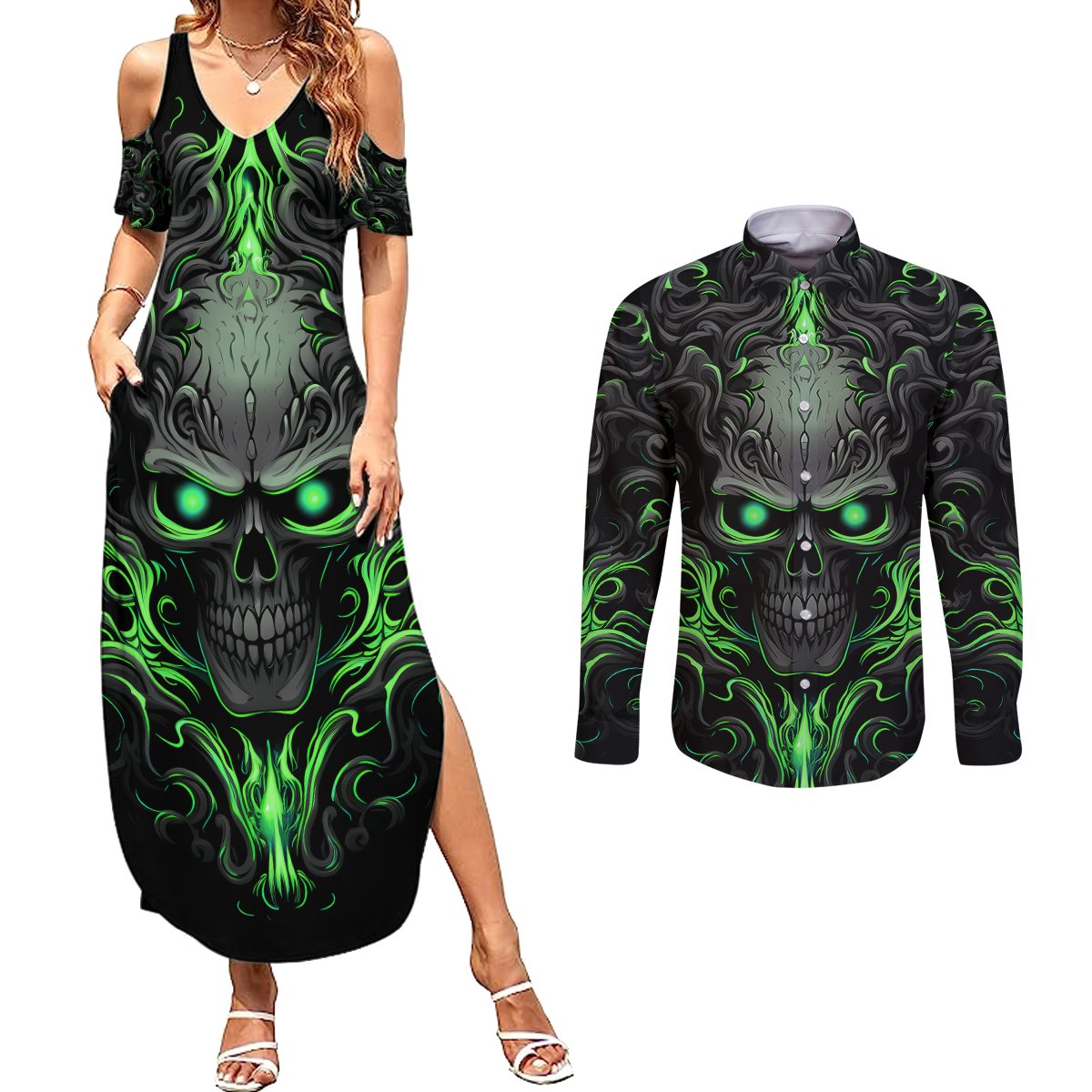 I May Not Be Perfect But At Least I'm Not You Skull Couples Matching Summer Maxi Dress and Long Sleeve Button Shirts - Wonder Print Shop
