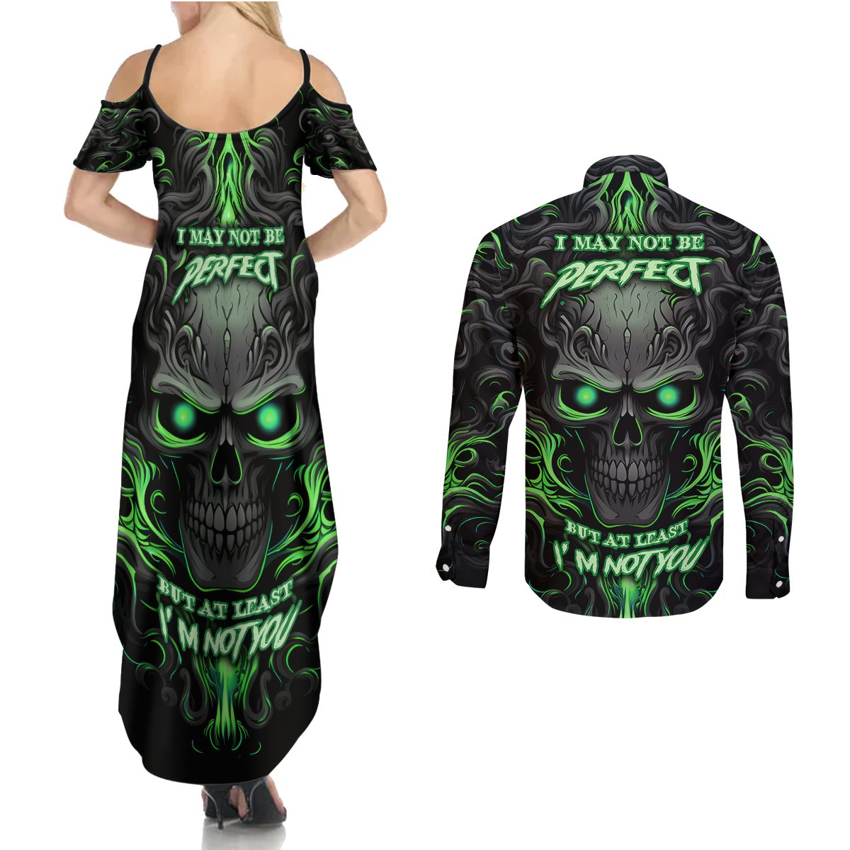 I May Not Be Perfect But At Least I'm Not You Skull Couples Matching Summer Maxi Dress and Long Sleeve Button Shirts - Wonder Print Shop