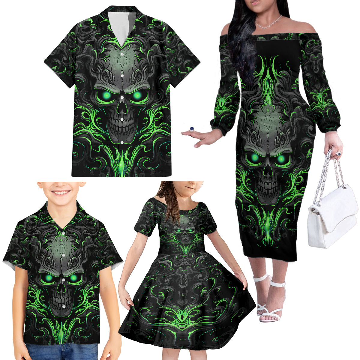 I May Not Be Perfect But At Least I'm Not You Skull Family Matching Off Shoulder Long Sleeve Dress and Hawaiian Shirt - Wonder Print Shop