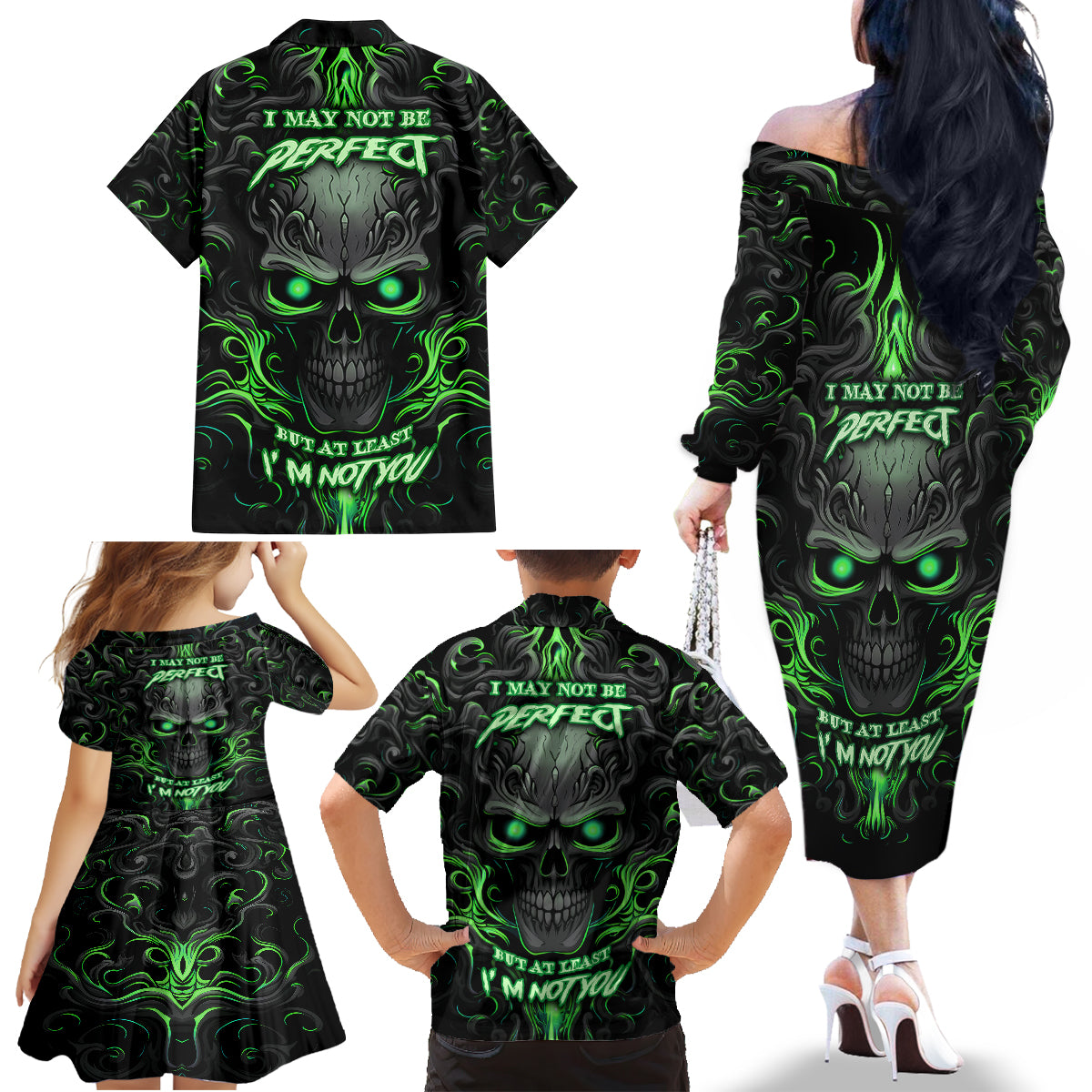 I May Not Be Perfect But At Least I'm Not You Skull Family Matching Off Shoulder Long Sleeve Dress and Hawaiian Shirt - Wonder Print Shop