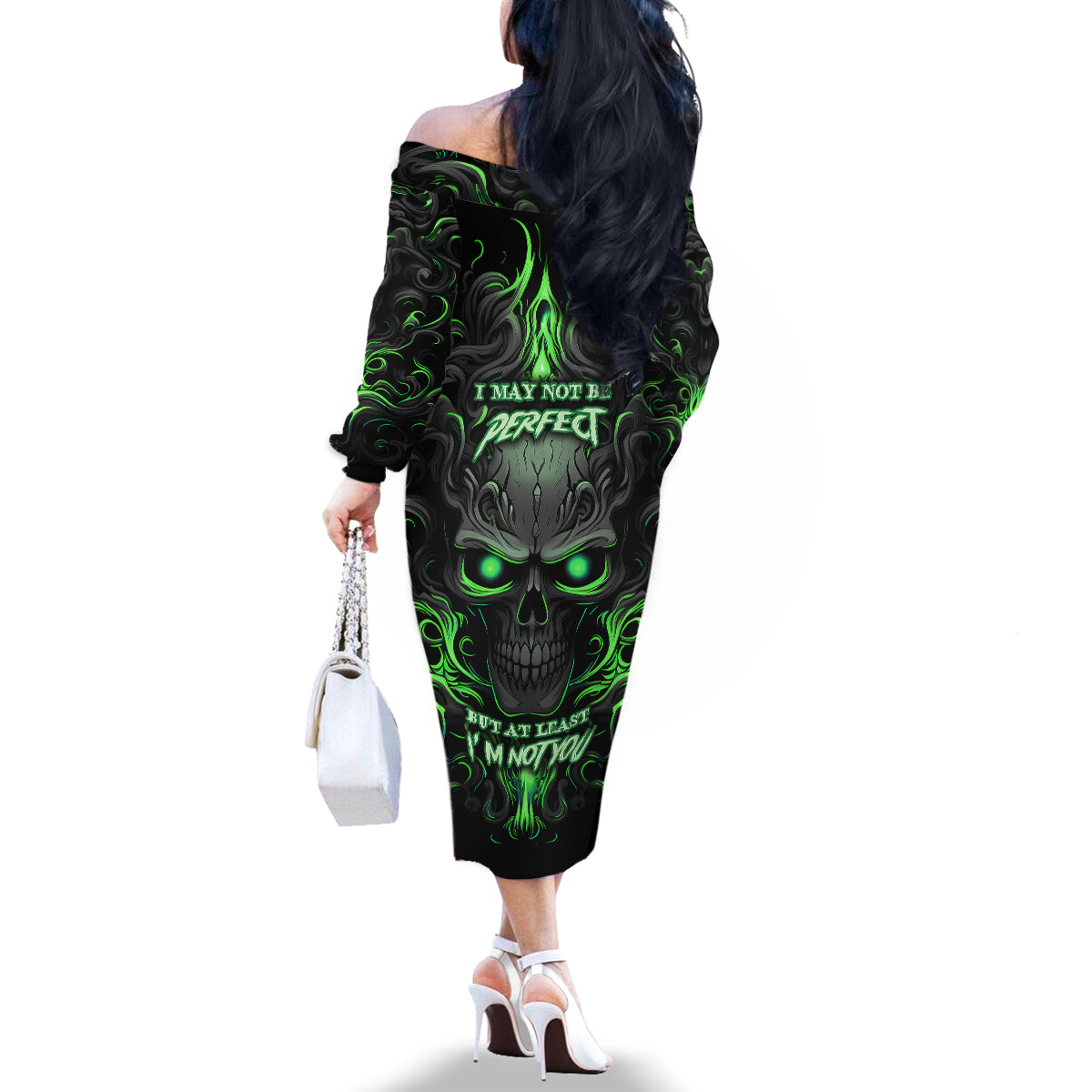 I May Not Be Perfect But At Least I'm Not You Skull Family Matching Off Shoulder Long Sleeve Dress and Hawaiian Shirt - Wonder Print Shop