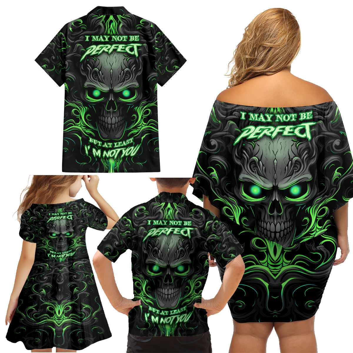 I May Not Be Perfect But At Least I'm Not You Skull Family Matching Off Shoulder Short Dress and Hawaiian Shirt - Wonder Print Shop