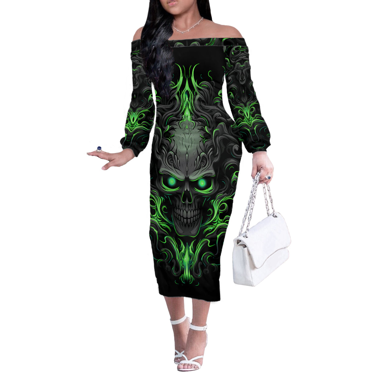 I May Not Be Perfect But At Least I'm Not You Skull Off The Shoulder Long Sleeve Dress - Wonder Print Shop