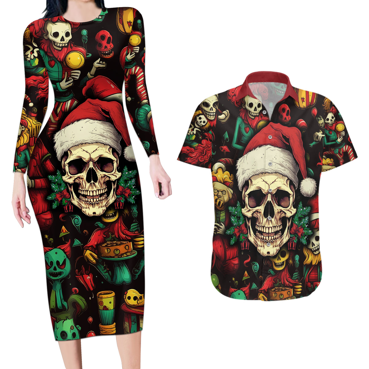 Skull Christmas Couples Matching Long Sleeve Bodycon Dress and Hawaiian Shirt When You're Dead Inside But It's Christmas - Wonder Print Shop