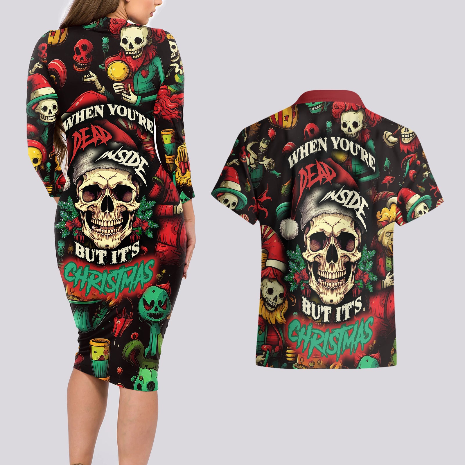 Skull Christmas Couples Matching Long Sleeve Bodycon Dress and Hawaiian Shirt When You're Dead Inside But It's Christmas - Wonder Print Shop