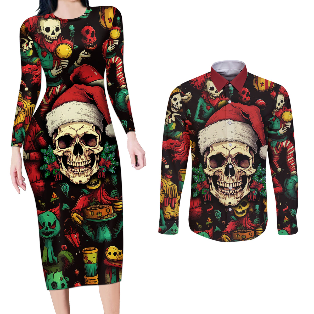 Skull Christmas Couples Matching Long Sleeve Bodycon Dress and Long Sleeve Button Shirts When You're Dead Inside But It's Christmas - Wonder Print Shop