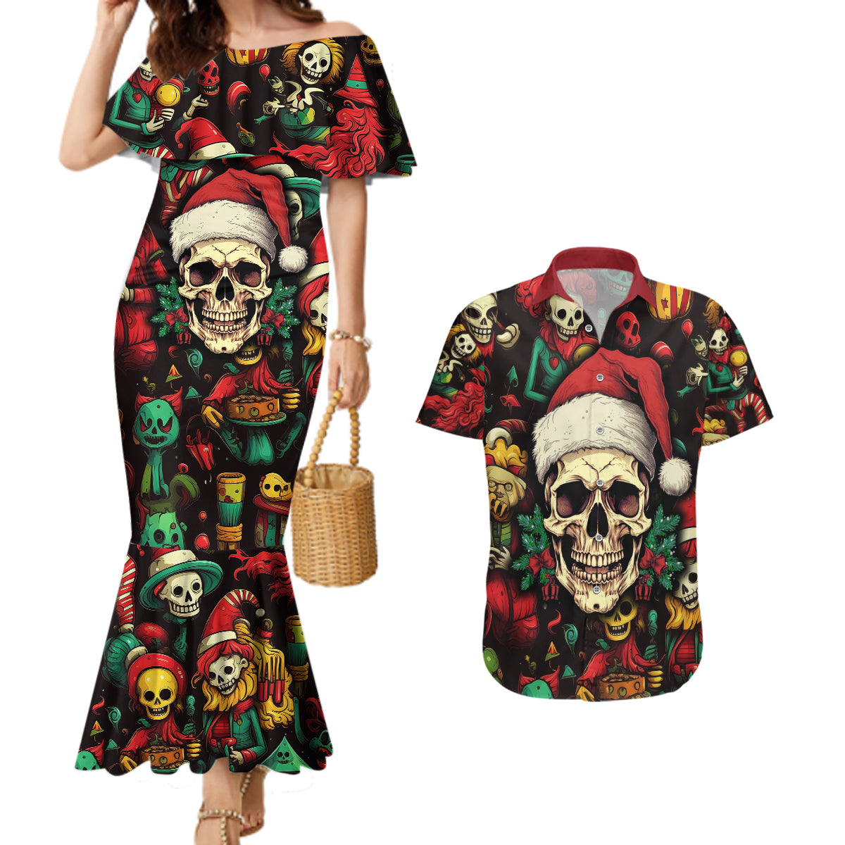 Skull Christmas Couples Matching Mermaid Dress and Hawaiian Shirt When You're Dead Inside But It's Christmas - Wonder Print Shop