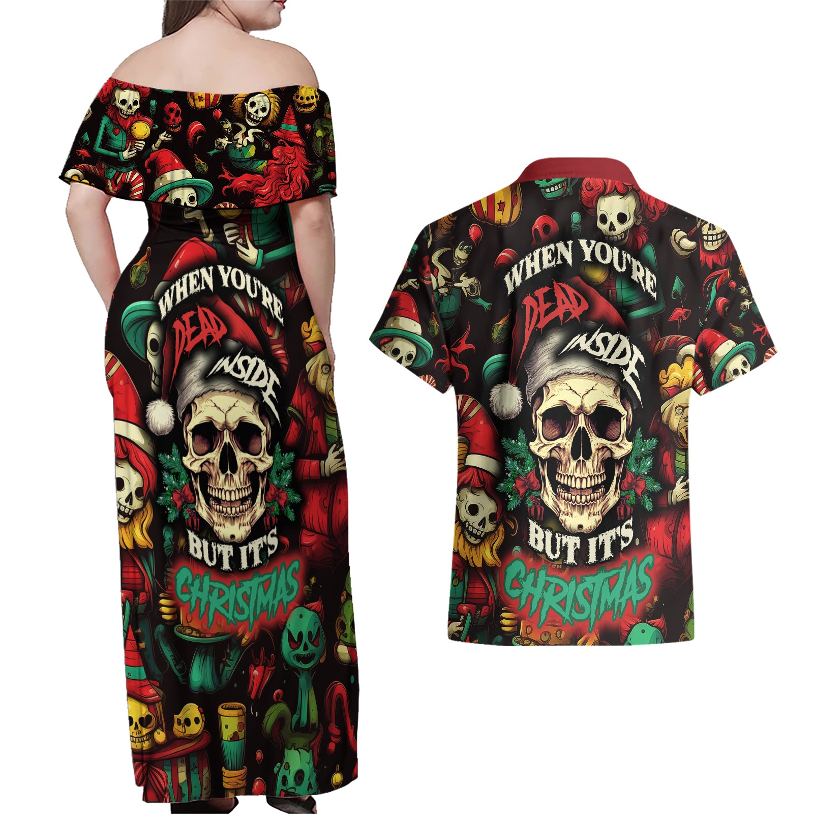 Skull Christmas Couples Matching Off Shoulder Maxi Dress and Hawaiian Shirt When You're Dead Inside But It's Christmas - Wonder Print Shop