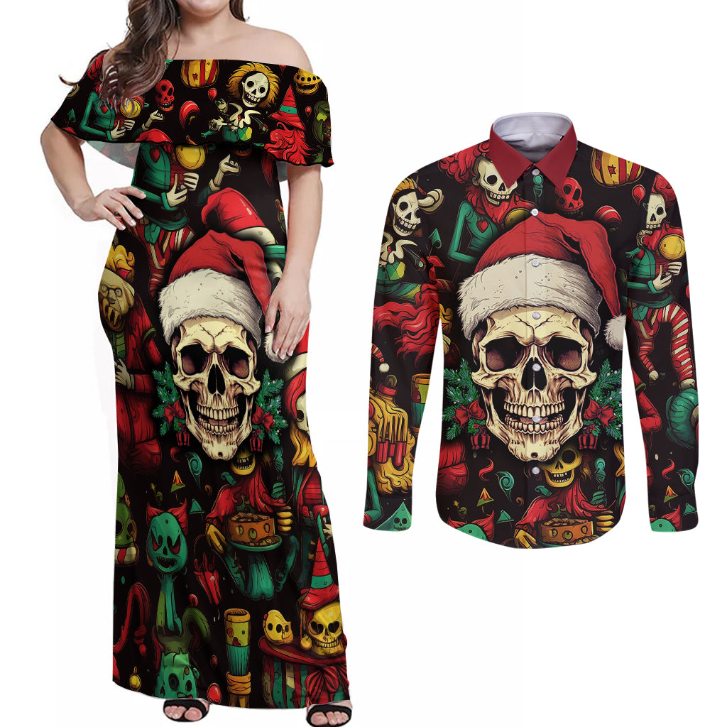 Skull Christmas Couples Matching Off Shoulder Maxi Dress and Long Sleeve Button Shirts When You're Dead Inside But It's Christmas - Wonder Print Shop