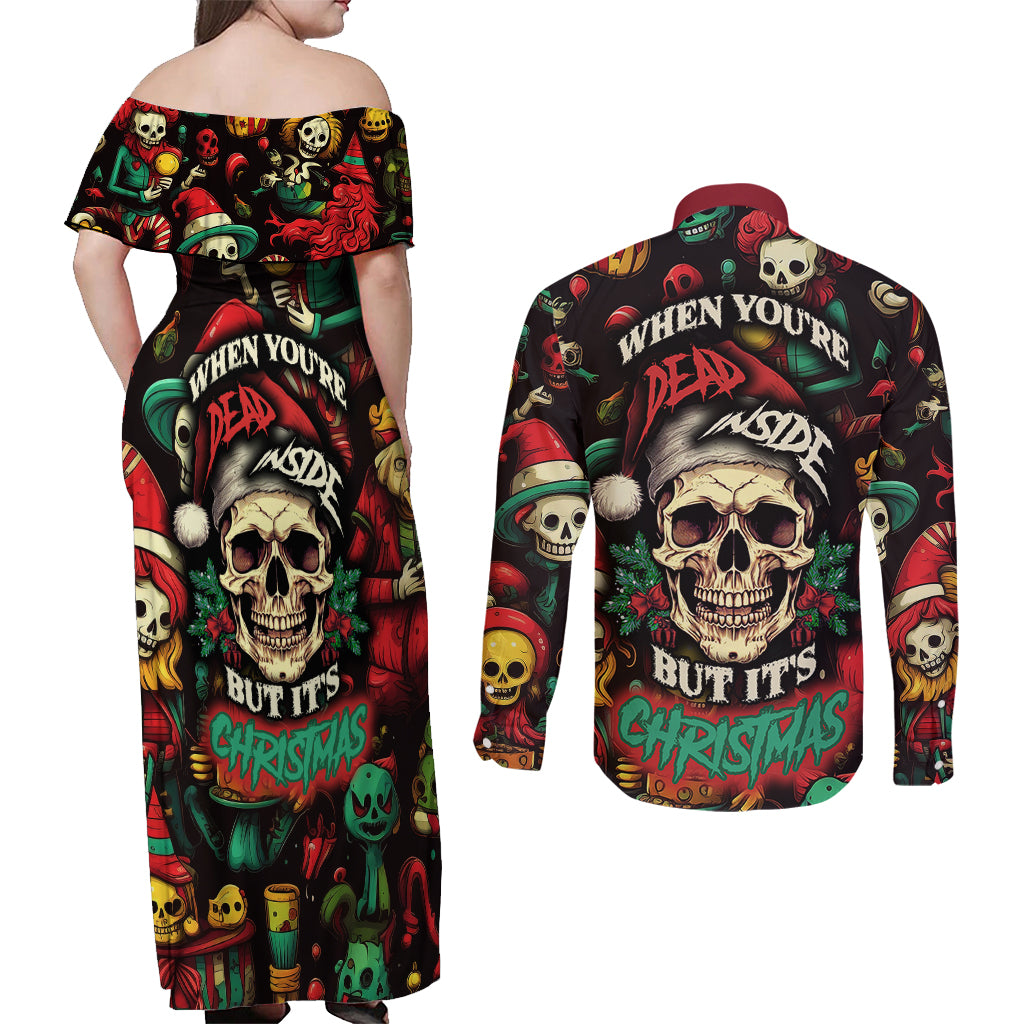 Skull Christmas Couples Matching Off Shoulder Maxi Dress and Long Sleeve Button Shirts When You're Dead Inside But It's Christmas - Wonder Print Shop