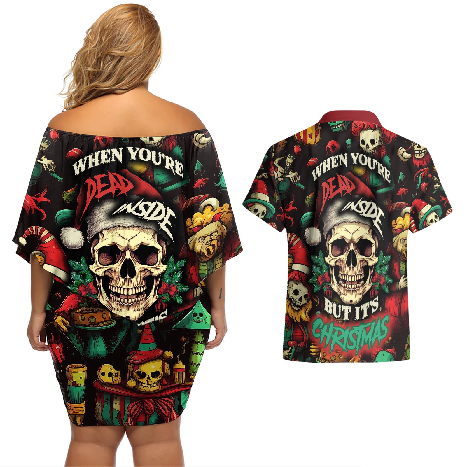 Skull Christmas Couples Matching Off Shoulder Short Dress and Hawaiian Shirt When You're Dead Inside But It's Christmas - Wonder Print Shop