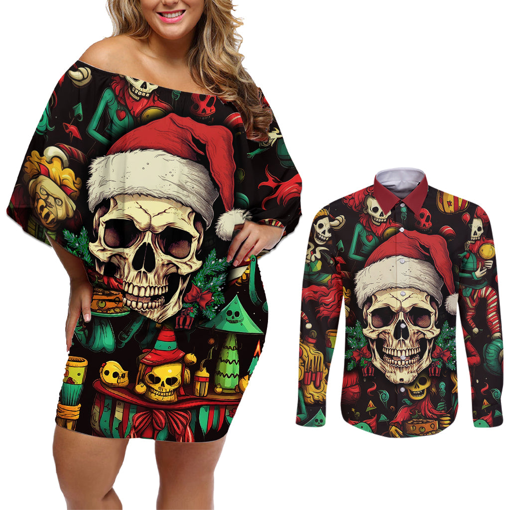 Skull Christmas Couples Matching Off Shoulder Short Dress and Long Sleeve Button Shirts When You're Dead Inside But It's Christmas - Wonder Print Shop