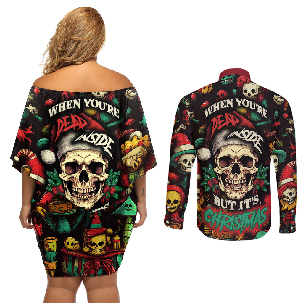 Skull Christmas Couples Matching Off Shoulder Short Dress and Long Sleeve Button Shirts When You're Dead Inside But It's Christmas - Wonder Print Shop