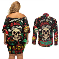 Skull Christmas Couples Matching Off Shoulder Short Dress and Long Sleeve Button Shirts When You're Dead Inside But It's Christmas - Wonder Print Shop