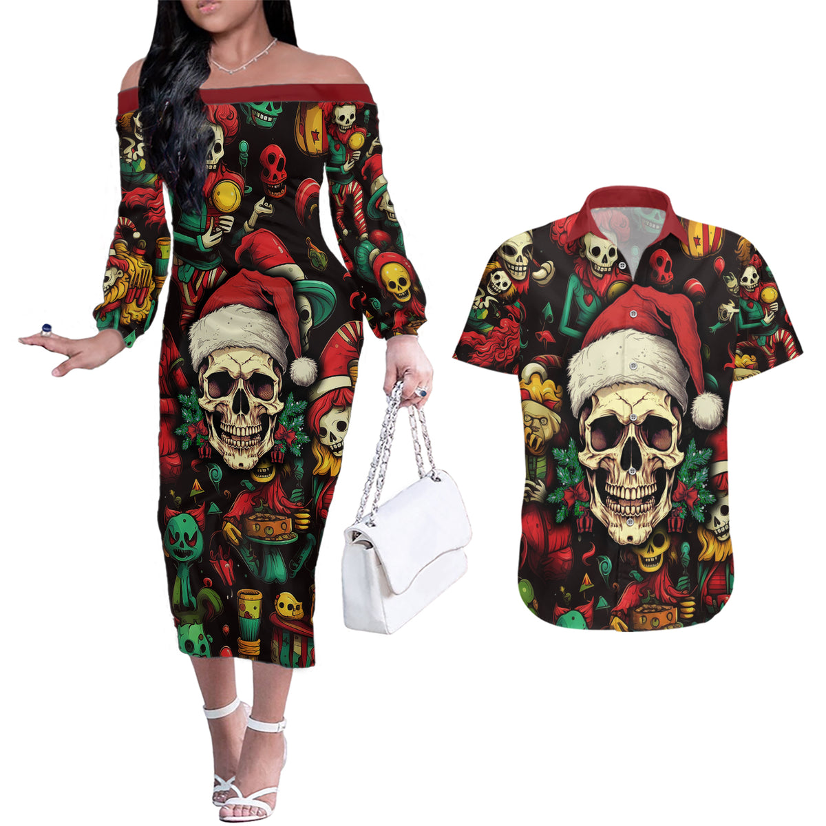 Skull Christmas Couples Matching Off The Shoulder Long Sleeve Dress and Hawaiian Shirt When You're Dead Inside But It's Christmas - Wonder Print Shop