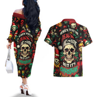 Skull Christmas Couples Matching Off The Shoulder Long Sleeve Dress and Hawaiian Shirt When You're Dead Inside But It's Christmas - Wonder Print Shop