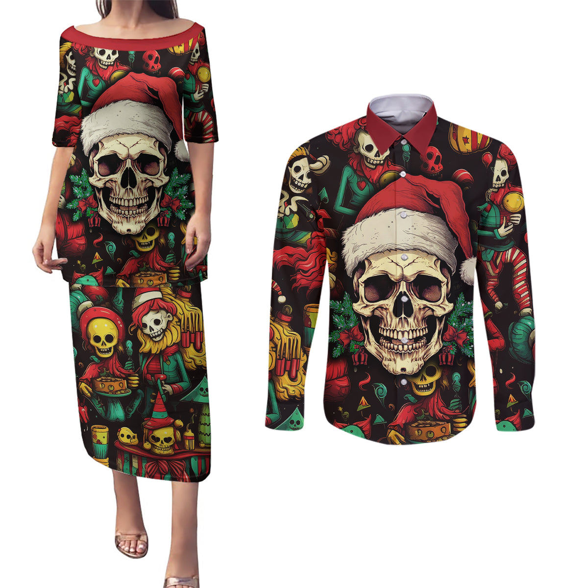 Skull Christmas Couples Matching Puletasi Dress and Long Sleeve Button Shirts When You're Dead Inside But It's Christmas - Wonder Print Shop