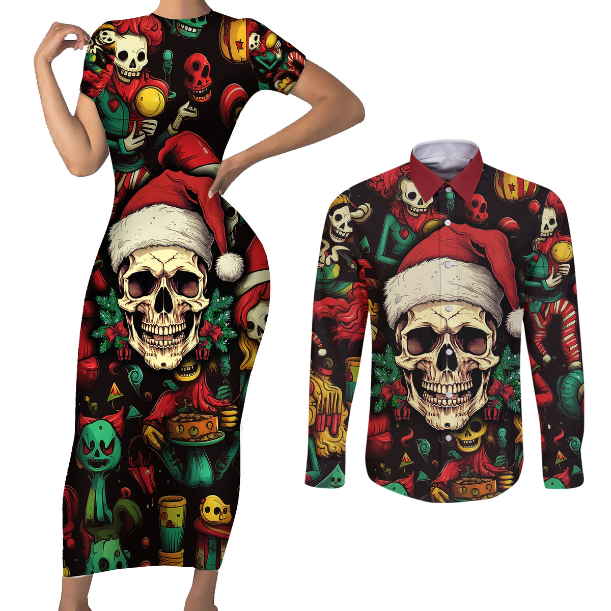 Skull Christmas Couples Matching Short Sleeve Bodycon Dress and Long Sleeve Button Shirts When You're Dead Inside But It's Christmas - Wonder Print Shop