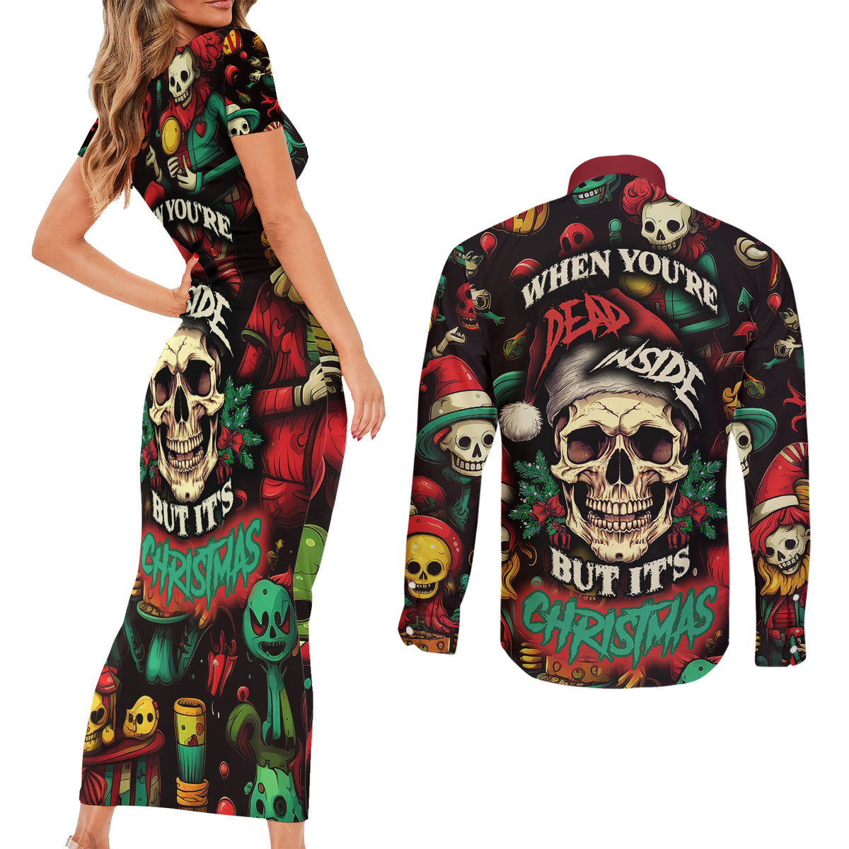 Skull Christmas Couples Matching Short Sleeve Bodycon Dress and Long Sleeve Button Shirts When You're Dead Inside But It's Christmas - Wonder Print Shop