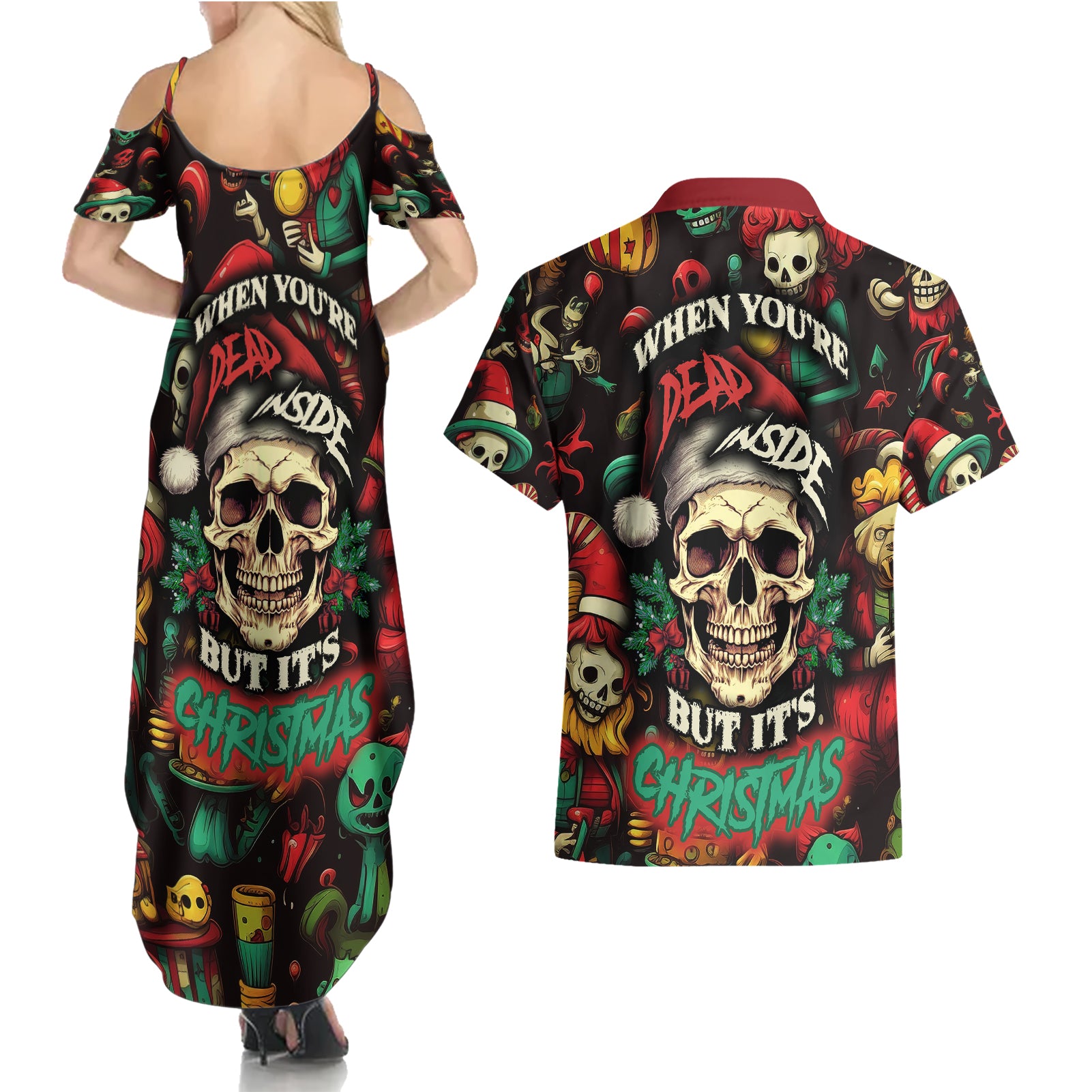 Skull Christmas Couples Matching Summer Maxi Dress and Hawaiian Shirt When You're Dead Inside But It's Christmas - Wonder Print Shop
