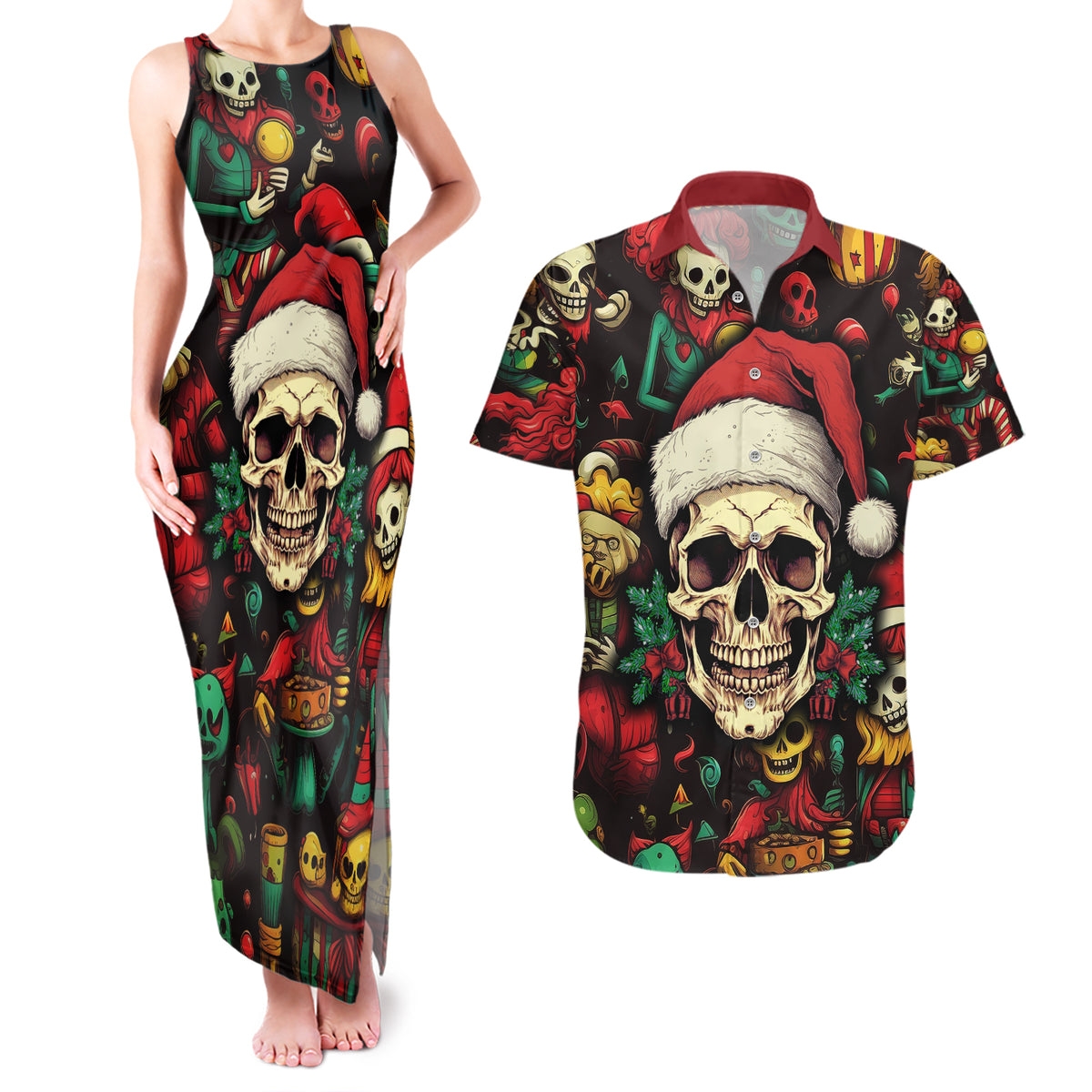 Skull Christmas Couples Matching Tank Maxi Dress and Hawaiian Shirt When You're Dead Inside But It's Christmas - Wonder Print Shop