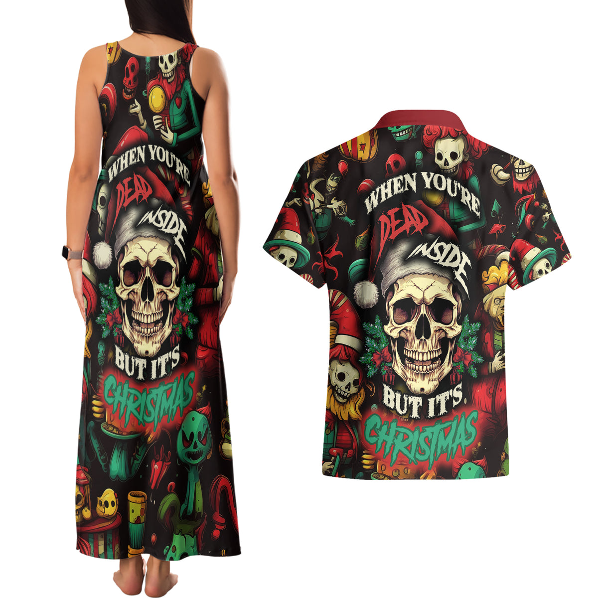 Skull Christmas Couples Matching Tank Maxi Dress and Hawaiian Shirt When You're Dead Inside But It's Christmas - Wonder Print Shop