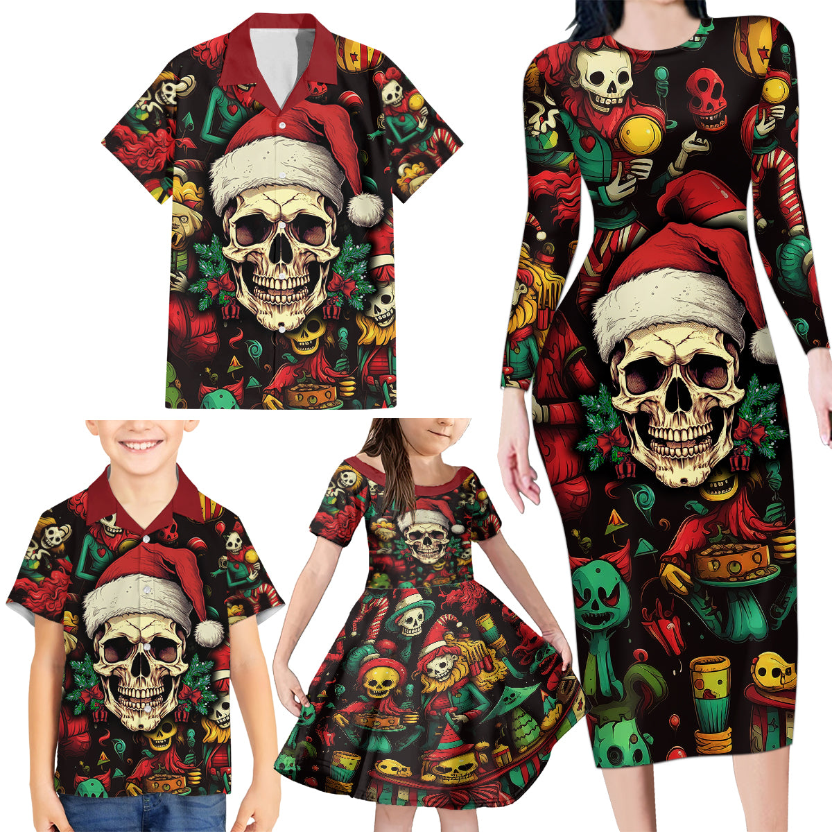 Skull Christmas Family Matching Long Sleeve Bodycon Dress and Hawaiian Shirt When You're Dead Inside But It's Christmas - Wonder Print Shop