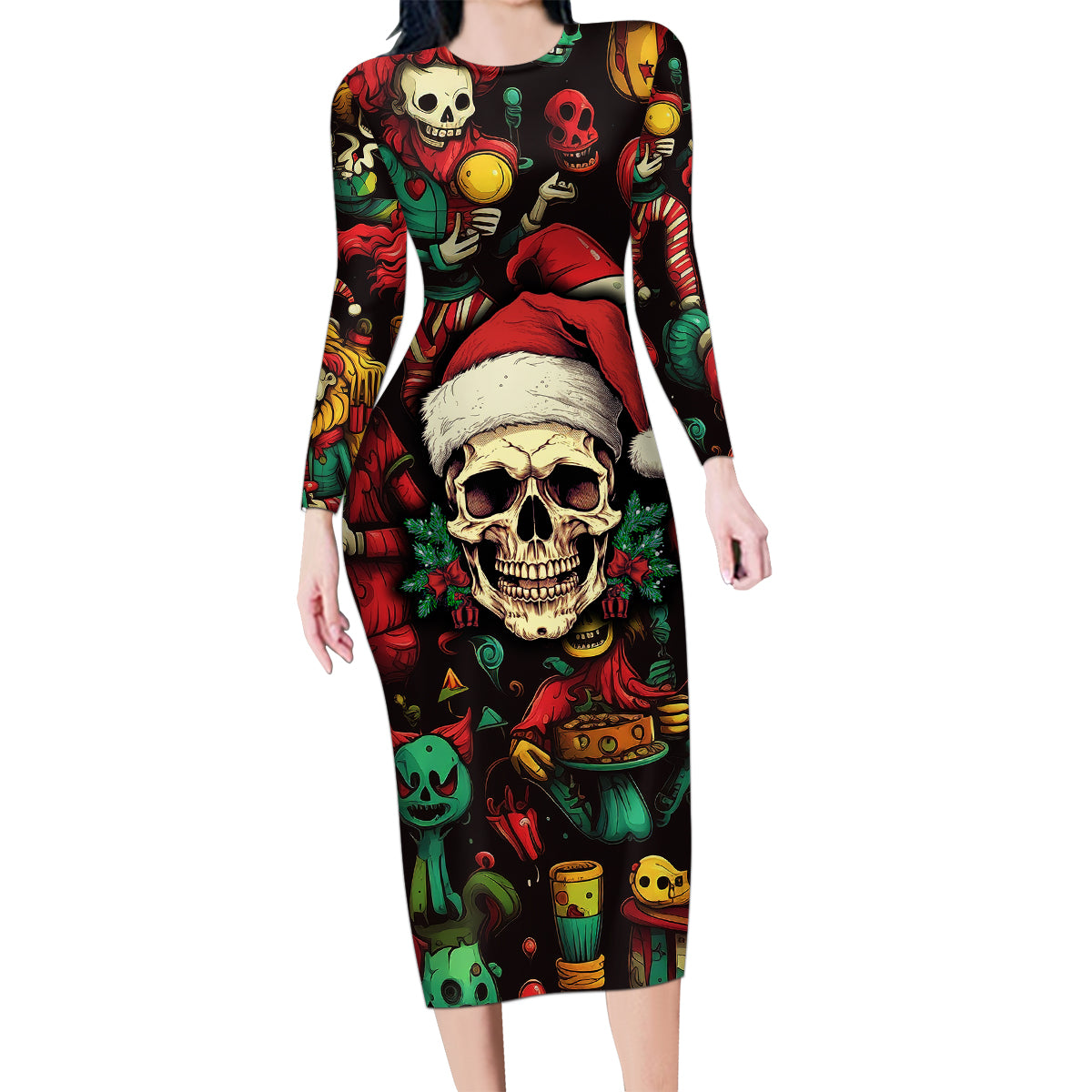 Skull Christmas Family Matching Long Sleeve Bodycon Dress and Hawaiian Shirt When You're Dead Inside But It's Christmas - Wonder Print Shop