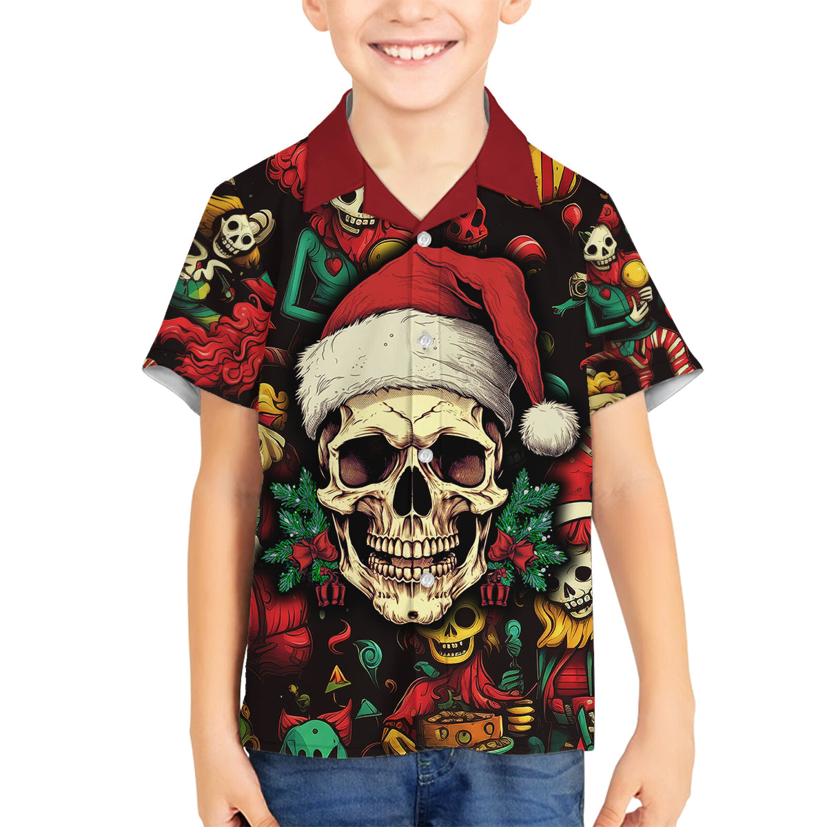 Skull Christmas Family Matching Long Sleeve Bodycon Dress and Hawaiian Shirt When You're Dead Inside But It's Christmas - Wonder Print Shop
