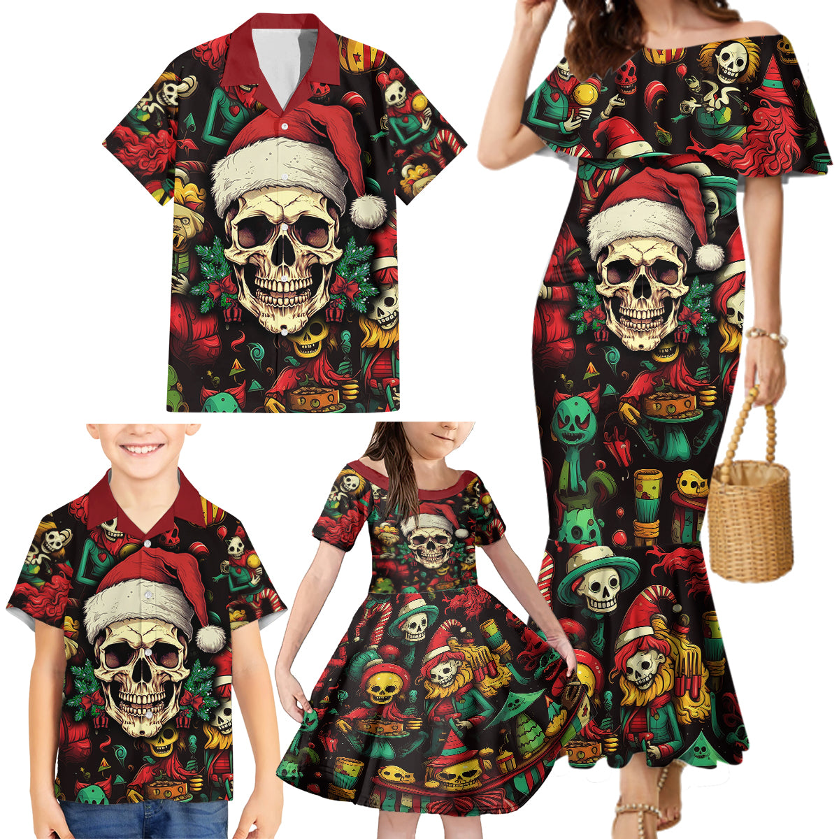 Skull Christmas Family Matching Mermaid Dress and Hawaiian Shirt When You're Dead Inside But It's Christmas - Wonder Print Shop