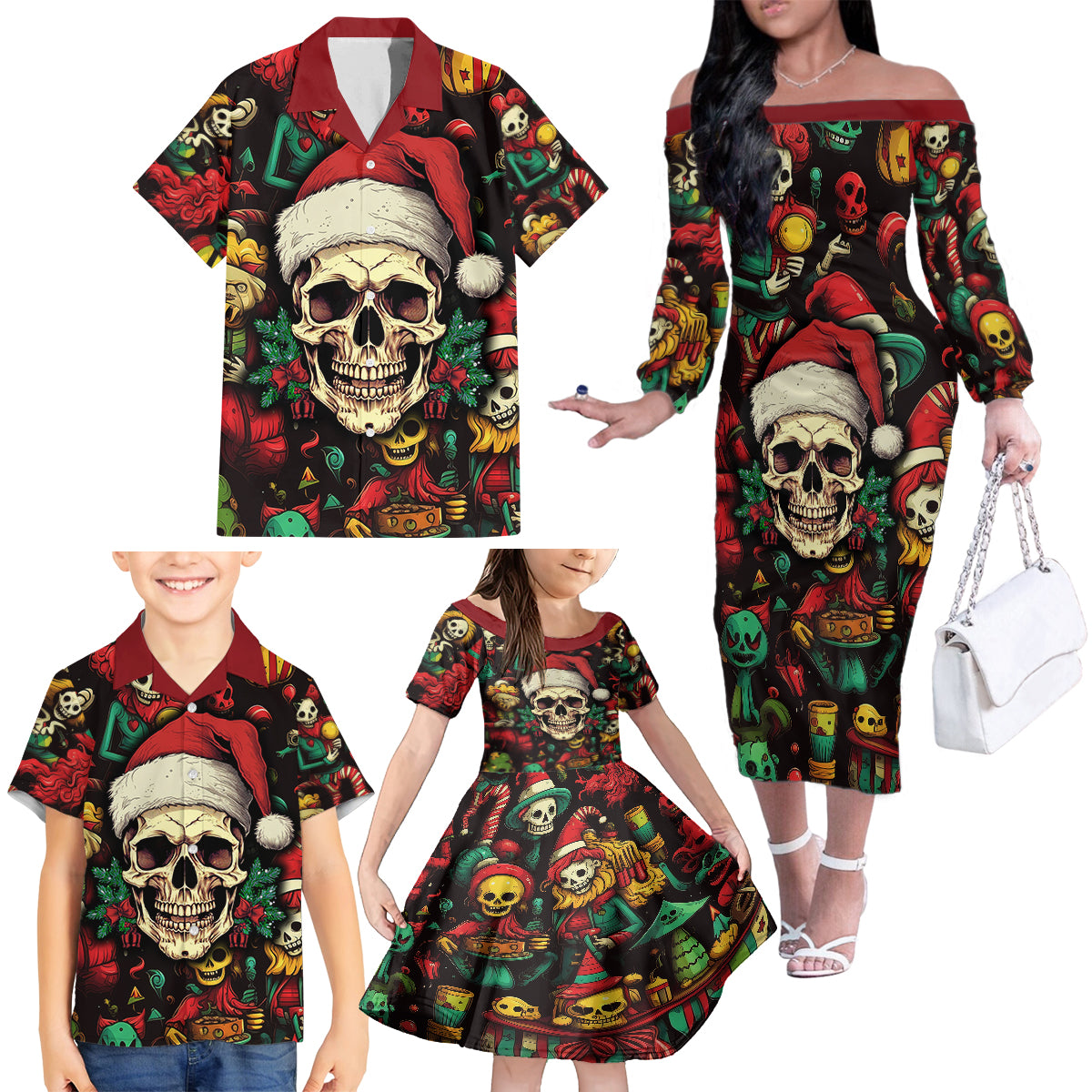 Skull Christmas Family Matching Off Shoulder Long Sleeve Dress and Hawaiian Shirt When You're Dead Inside But It's Christmas - Wonder Print Shop