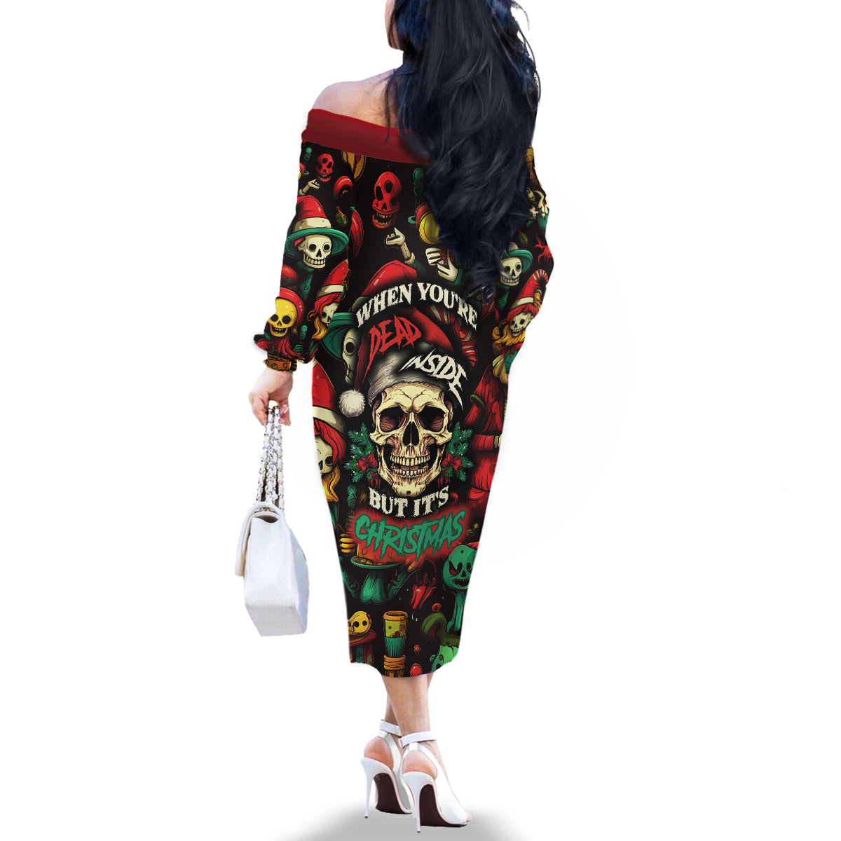 Skull Christmas Family Matching Off Shoulder Long Sleeve Dress and Hawaiian Shirt When You're Dead Inside But It's Christmas - Wonder Print Shop