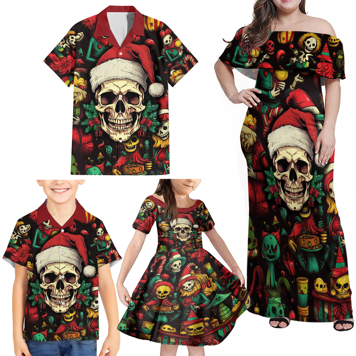Skull Christmas Family Matching Off Shoulder Maxi Dress and Hawaiian Shirt When You're Dead Inside But It's Christmas - Wonder Print Shop