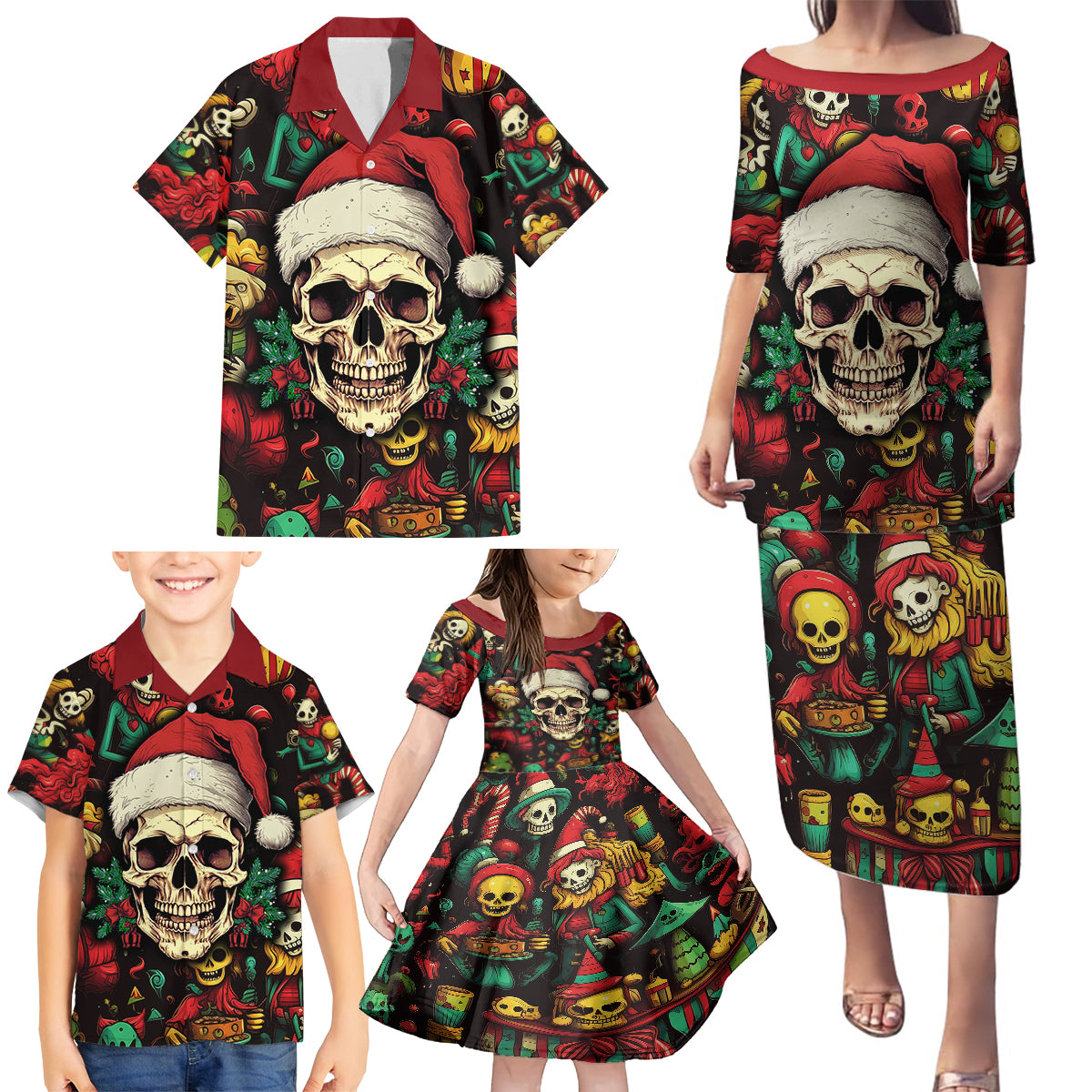 Skull Christmas Family Matching Puletasi Dress and Hawaiian Shirt When You're Dead Inside But It's Christmas - Wonder Print Shop